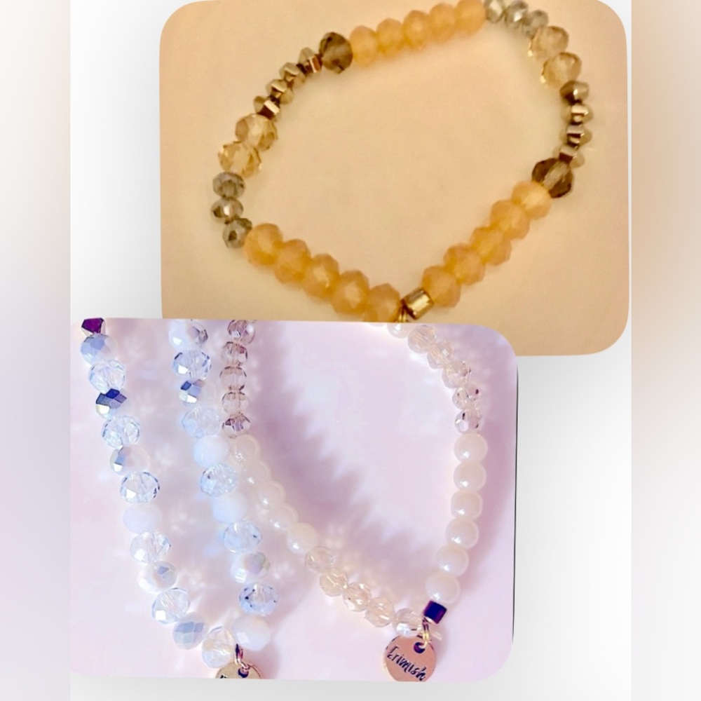 3 Erimish bracelets Crystal, glass beads, stretchy, silver, white, cream, peach